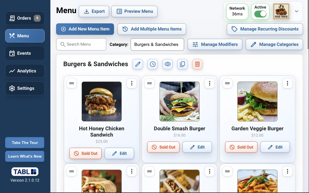 TABL food truck POS menu management screen thumbnail