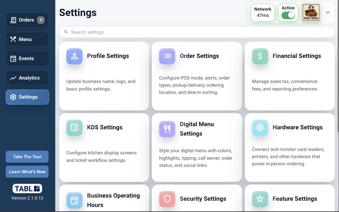TABL food truck POS settings screen thumbnail